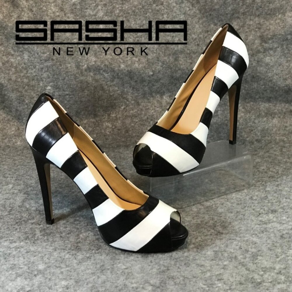 Sasha New York Leather Black and White Stripes Heel Peep Toe Shoes